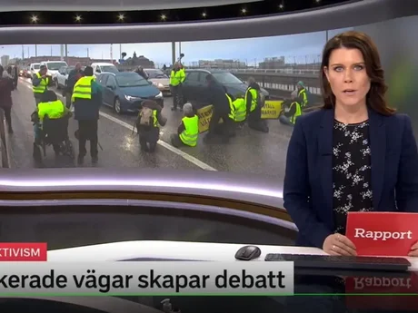 Nyhetssändning "Rapport" på SVT som rapporterar om Återställ Våtmarker.