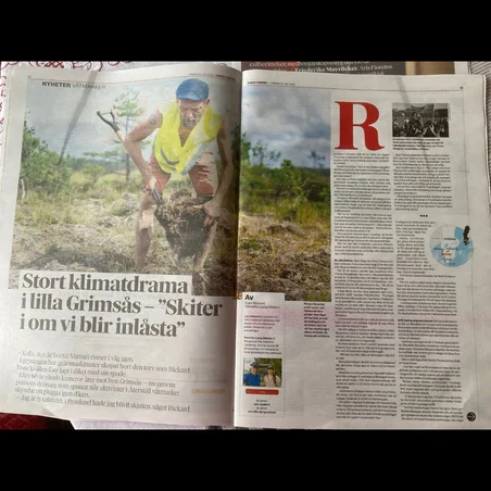 Foto av tidningen "Dagens Nyheter" den 26.07.2025 med en artikel om Grimsås mosse