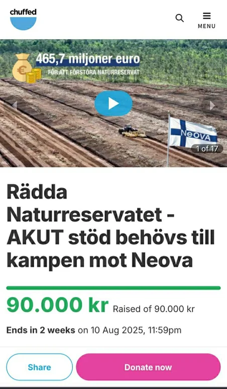 Skärmdump av insamlingskampanj på chuffed med summan 90 000 kr