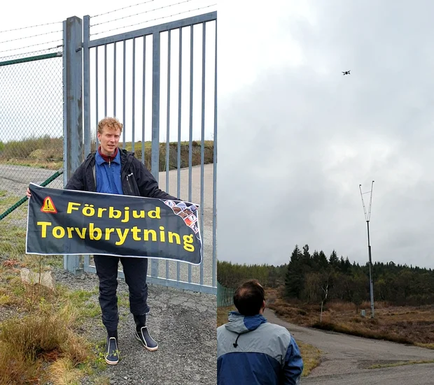 Collage av två bilder från aktionen med drönaren över landningsbanan av flygplatsen i Landvetter.
