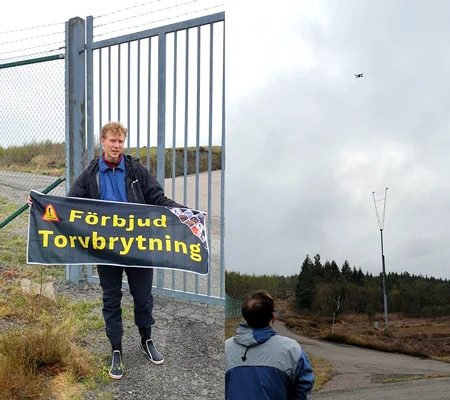 Collage av två bilder från aktionen med drönaren över landningsbanan av flygplatsen i Landvetter.