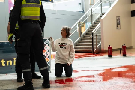 Knäande aktivist från Aktivister från Återställ Våtmarker mittemot säkerhetspersonal