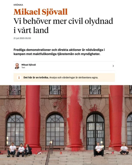 Utdrag av artikelrubriken på HFB. Montage med text framför en bild på aktivister på Finlands parlaments trappa, täckt i blodröd färg.