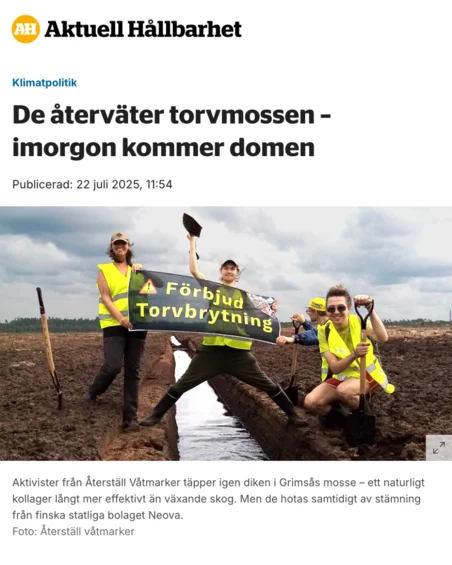 Skärmdump artikelrubrik av Aktuell Hållbarhet: De Återväter torvmossen - i morgon kommer domen. Aktivister står över ett dike på Grimsås mosse. Håller en banderoll "Förbjud Torvbrytning"