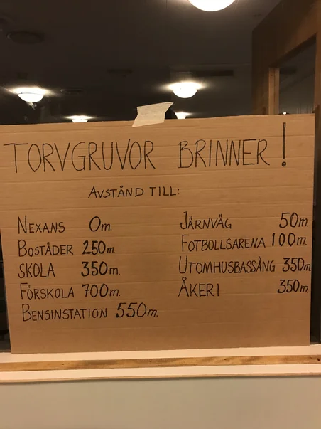 Handskriven skylt som lista upp faror på grund av torvbrytningen nära Grimsås